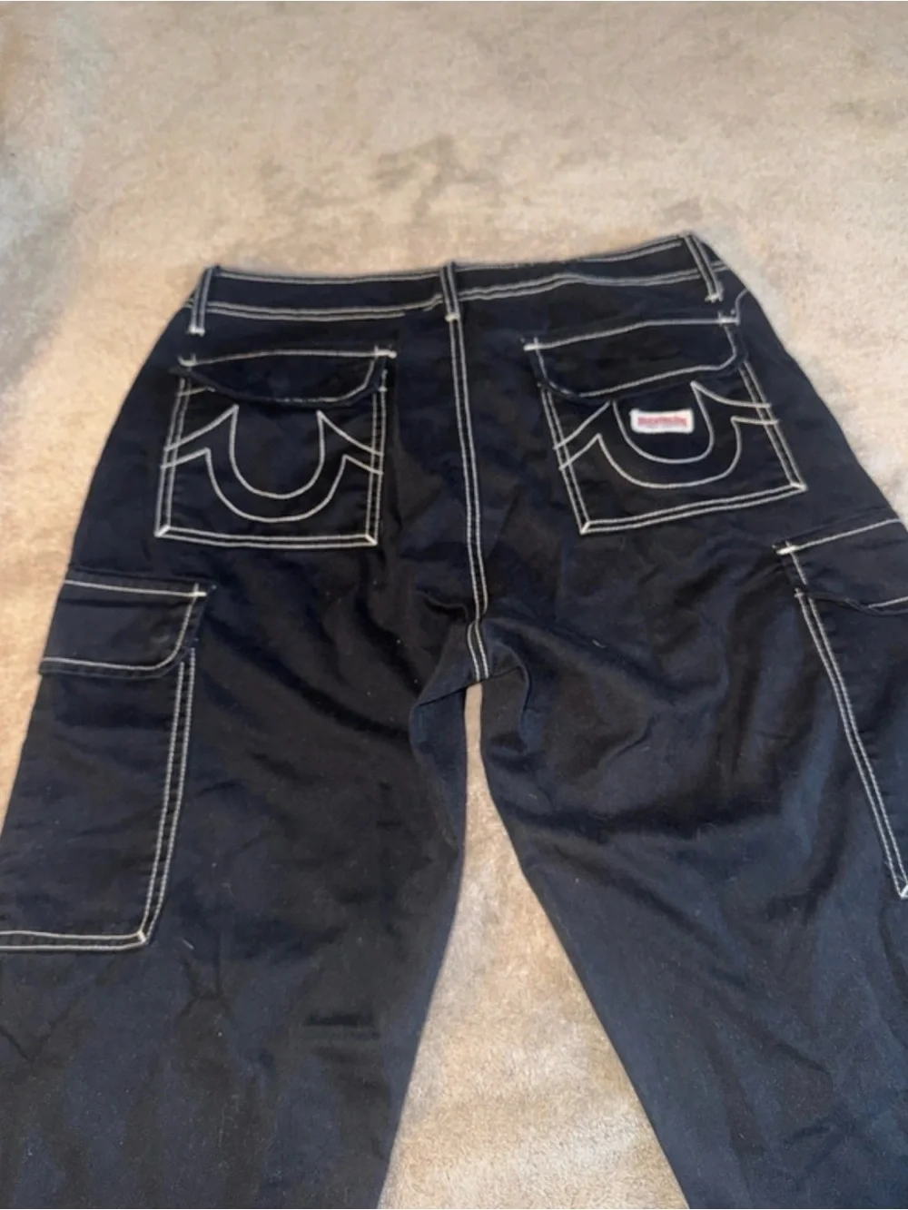 True Religion Black Cargo Pants with Contrast White Stitching